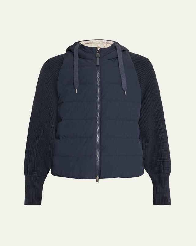 Techno Crinkled Cotton Down Jacket W Ribbed Sleeves